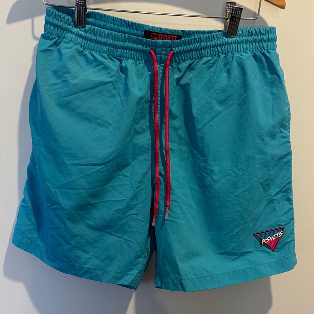 RSVLTS Men's Teal Swim Trunks with Pink Accents